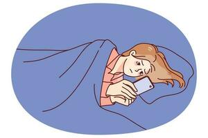 Woman lying in bed at night using cellphone vector