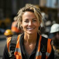 Young beautiful woman builder wearing hardhat at street,  AI generation photo