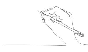 Pen in pencil is drawing silhouette vector. One line continuous vector line art outline illustration. Isolated on white background.