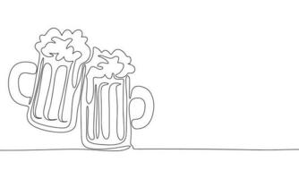 Two beers, cheers concept. October Fest banner, silhouette vector. One line continuous vector line art outline illustration. Isolated on white background.