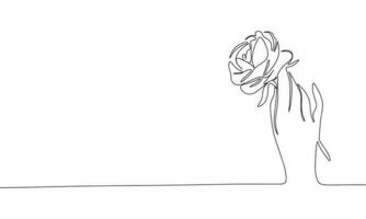 Rose in hand, flowers concept, silhouette vector. One line continuous vector line art outline illustration. Isolated on white background.