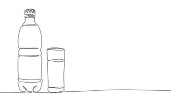 Bottle and glass with liquid, water, milk silhouette vector. One line continuous vector line art outline illustration. Isolated on white background.