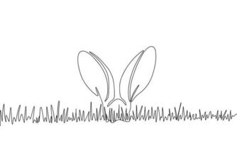 Rabbit ears in the grass one line continuous. Easter concept banner. Line art outline vector illustration isolated on white background.