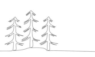 Spruce tree one line continuous. Christmas winter forest concept banner. Line art outline vector illustration isolated on white background.