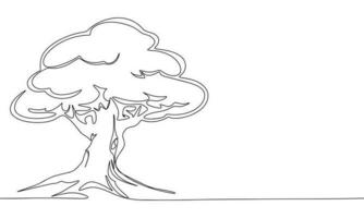 Big tree one line continuous. Natural concept banner. Line art outline vector illustration isolated on white background.