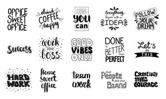 Large collection of phases about work, job, office life. Motivation quote, greeting cart for office worker. Text phrase vector illustration.