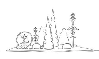 Many tree on little island, one line continuous. Forest concept banner. Line art outline vector illustration isolated on white background.