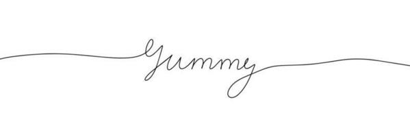 Monoline phrase yummy. One line continuous text calligraphy handwriting lettering. Vector illustration.