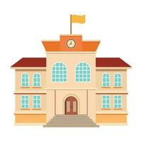 School in light color, educational architecture with big windows. Exterior of studying construction, schoolhouse object, front view of learning building. Vector illustration in flat cartoon style