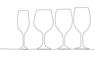 Restaurant minimal banner. One line continuous with set of wine glasses vector illustration. Outline, line art silhouette, monoline.