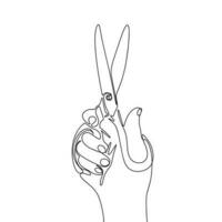 One line continuous scissors in hand. Atelier concept banner in line art hand drawing style. Outline vector illustration.