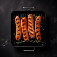 Grilled sausages during the preparation , copy space closeup isolated on black background, photo