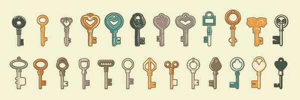 Steampunk. Set of vintage metal keys. Color image. Design element. Vector illustration.