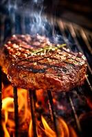 Grilled fresh juicy beef steak on grill, close up, isolated, copy space, photo