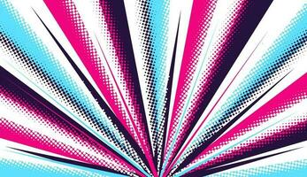 Pink-blue motley background of rays of light, explosion with halftone effect in the style of manga, comics. vector