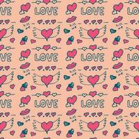 Seamless pattern with love words and cute love doodles on a light background. vector