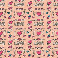 Seamless pattern with love words and cute love doodles on a light background. vector