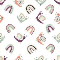 Seamless childish pattern with rainbows and cute snails. Creative scandinavian kids texture for fabric, wrapping, textile, wallpaper, apparel. Vector illustration