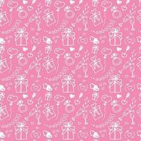 Seamless pattern with love words and cute love doodles on a pink background.  Saint Valentine's Day background.  Lovely symbols. vector