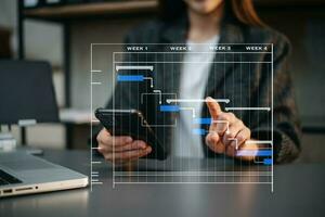 gerente de proyecto trabajando y actualizando tareas con hitos de planificación de progreso y diagrama de programación de diagramas de gantt. negocios que trabajan con teléfonos inteligentes, tabletas y computadoras portátiles foto