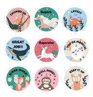 pack of well-done animal stickers for preschool, middle school, and high school kids. vector