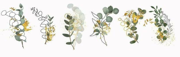 wedding eucalyptus greenery with gold elements in a rustic style. vector