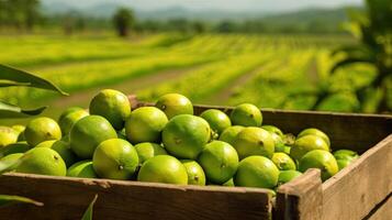 Organic limes in a wooden box on the field. Space for text, mockup, photo