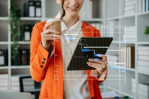 Project manager working and update tasks with milestones progress planning and Gantt chart scheduling diagram. business working with smart phone, tablet and laptop photo