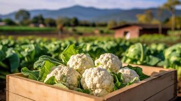 Fresh cauliflower in a wooden box on a background of the field. Space for text, mockup, photo