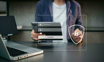 Cyber security concept, Login, User, identification information security and encryption, secure access to user's personal information woman using smart phone and tablet photo