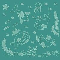 Set with four cute different whales. Doodle color vector illustration.