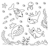 Set with four cute different whales and seabed. Doodle black and white vector illustration.