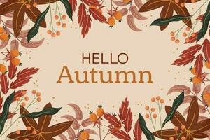 Hello Autumn background design with maple leaf and orange berry, red and brown leaves branch with copy space. Fall concept backdrop frame with different leaves and berries on a twig on the back. vector