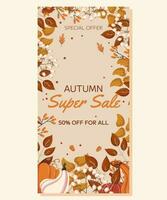 Autumn Sale vertical banner template design. Frame with different leaves branches, pumpkins and acorns, white berry on twig. Marketing banner with an offer of a special price. vector