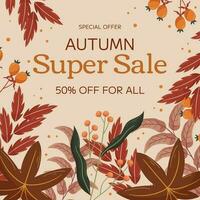 Autumn Super Sale square template design with copy space. Concept for square social media post frame with maple leaf and orange berry, red and brown leaves branch. vector