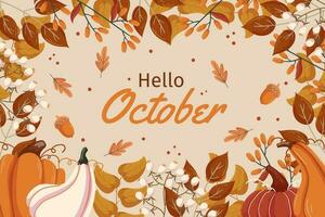 Hola octubre antecedentes diseño con diferente hojas sucursales, calabazas y bellotas, blanco baya en ramita, Copiar espacio. otoño concepto fondo marco con otoño vegetal y follaje. vector