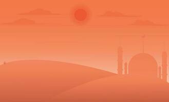 Desert evening with mosque and orange sky red sun background, arabia desert landscape evening view, silhouette vector illustration, Islam or Ramadan concept.