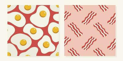 Set of scrambled eggs and bacon patterns in flat cartoon style. Breakfast food pattern for paper, menu, textile, kitchen. vector