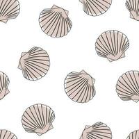 Seashells seamless pattern. One line drawing of a shell. Hand drawn marine illustrations of seashells. Summer tropical ocean beach style vector