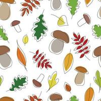 Autumn seamless pattern with mushrooms and leaves. One line design leaves with colored elements. Vector autumn outline pattern for printing on fabric, paper. Minimalism art