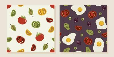 Set of patterns of tomatoes, scrambled eggs, spinach, olive in flat cartoon style. Breakfast food pattern for paper, menu, textile, kitchen. vector