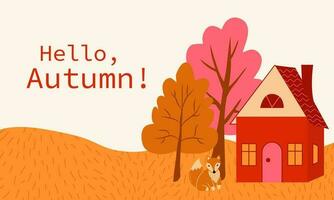 Autumn landscape with trees, fox and house. Countryside landscape. Hello Autumn background. vector