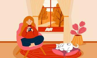 Woman sitting in a chair in front of window at home with coffee in hands, cat is laying. Autumn landscape outside the window vector