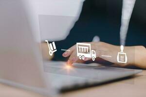 comercio electrónico, en línea compras, entrega y logística. comercio electrónico y negocio concepto. foto
