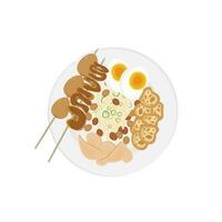 Illustration logo of chicken porridge with complete topping of quail egg satay and intestinal satay vector