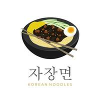 ilustración logo coreano jajangmyeon tallarines con negro haba de soja pegar salsa vector