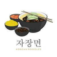 coreano fideos jajangmyeon ilustración logo con adicional lado platos banchan danmuji y kimchi vector