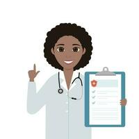 Medicine and healthcare concept. Young female doctor or nurse with recommendations, advice, memo in her hands. Isolated vector illustration