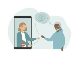 Psychologist online service. Doctor and patient discuss mental health using smartphone for distance talk. Medicine and healthcare concept. vector