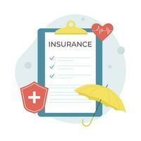 Health insurance, medical insurance. Medicine and healthcare concept. Clipboard, umbrella, shield, medical check form report. vector